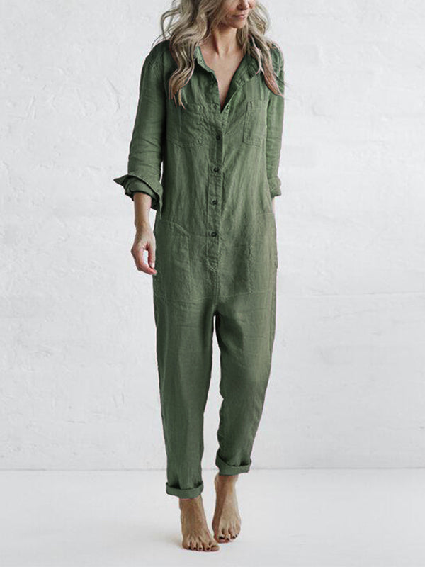 Button Up Casual Lapel Pocket Long Sleeve Jumpsuit