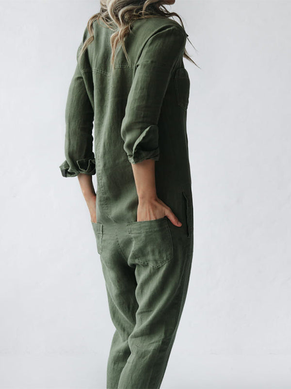 Button Up Casual Lapel Pocket Long Sleeve Jumpsuit