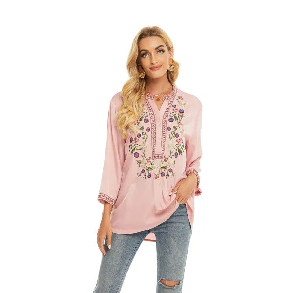 Skylar - Floral Embroidery Loose Long Sleeve Blouse Top