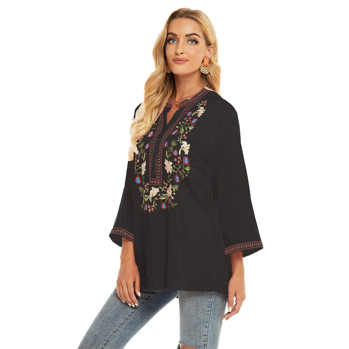 Skylar - Floral Embroidery Loose Long Sleeve Blouse Top