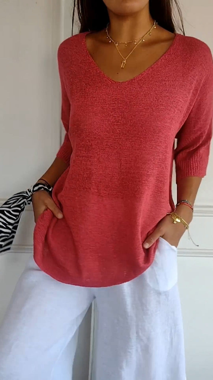 Evie - Solid Color Knitted Top with V-Neck