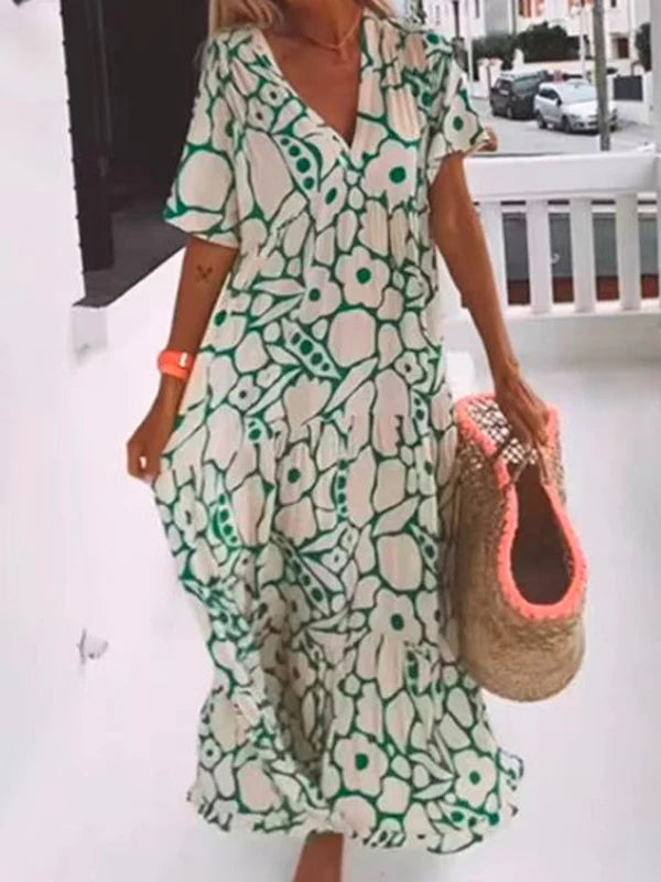 Henna | Green Short Sleeve Print Maxi Dress